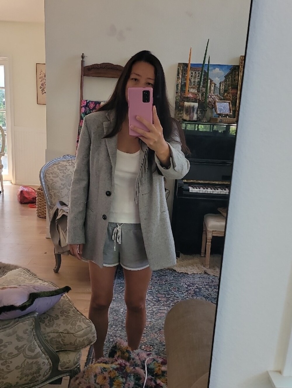 Mango Gray Fringe Wool-Blend Blazer Coat